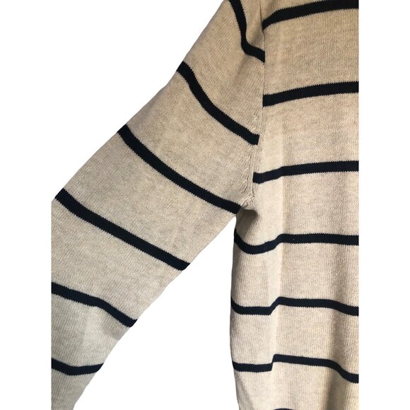 J Crew Mens Beige Navy Stripe Crewneck Long Sleeve Pullover Sweater Wool Blend L - Picture 2 of 6